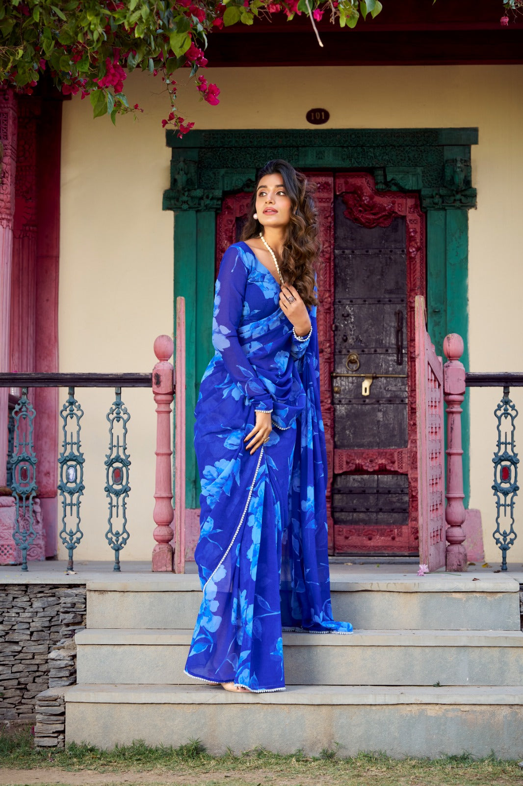Blue color chiffon printed saree for party
