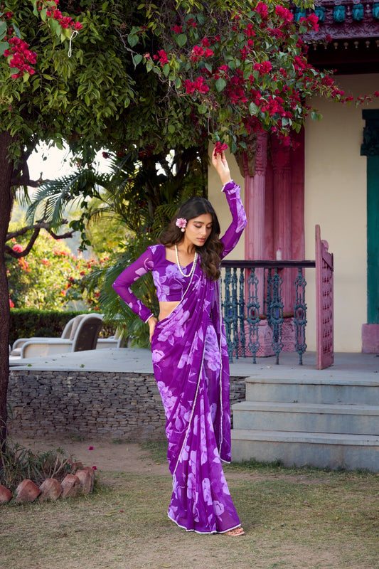 Purple color chiffon saree with blouse online shopping