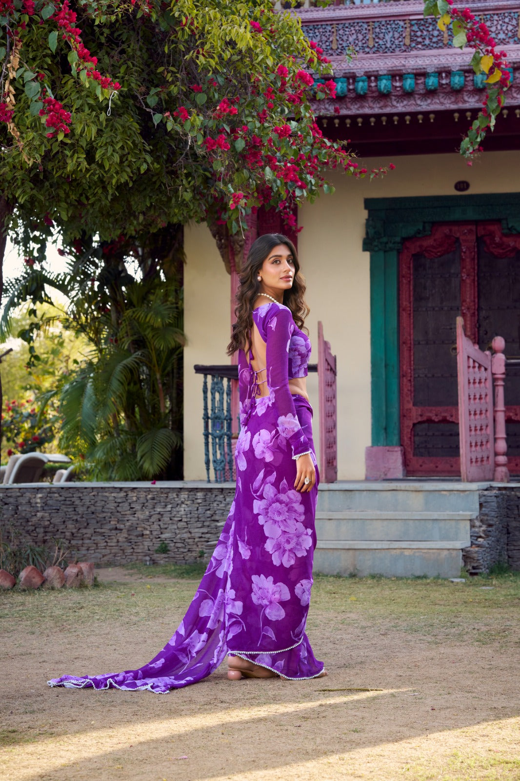Purple color chiffon saree with blouse price