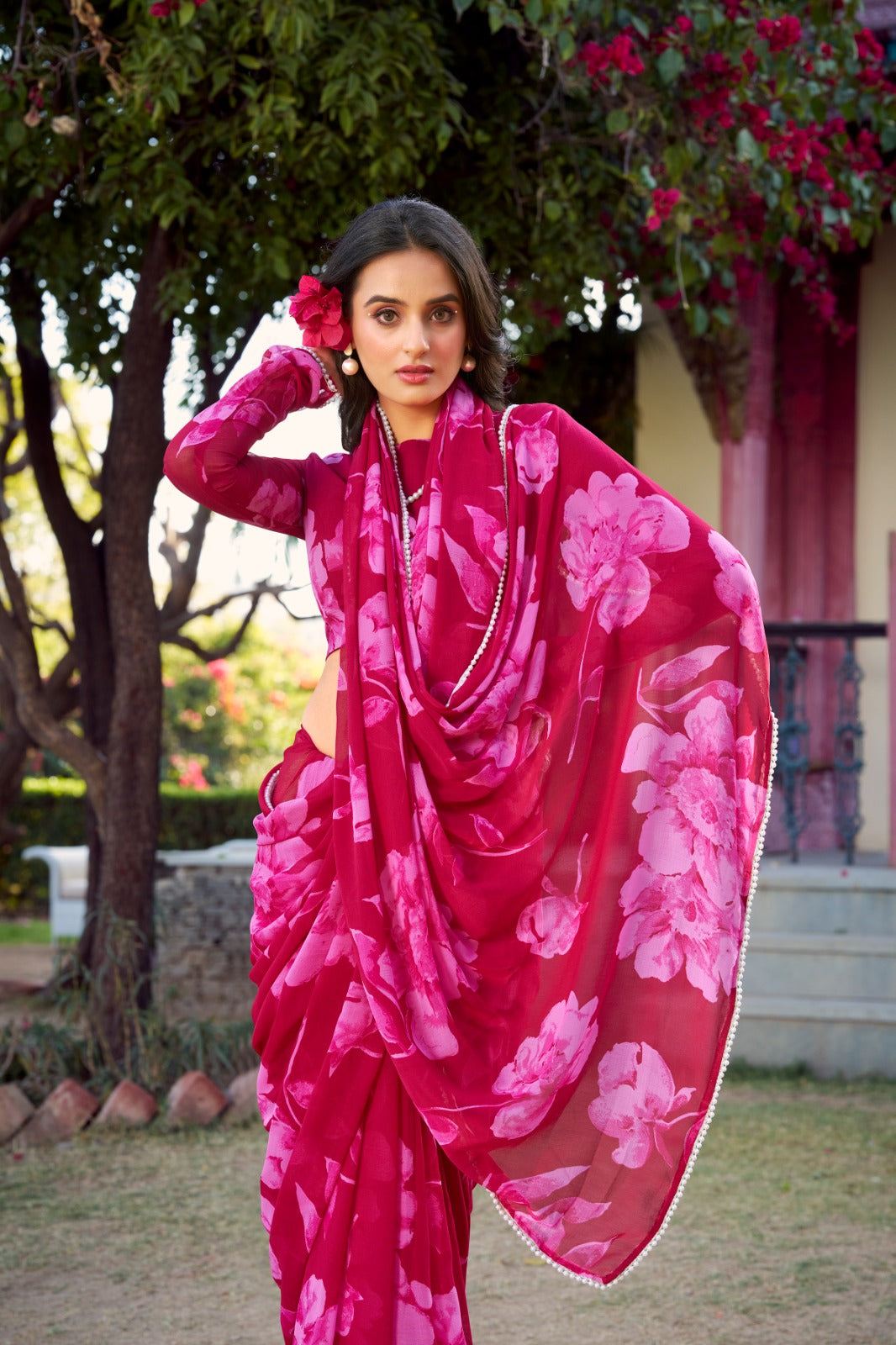 Pink color chiffon saree with blouse price