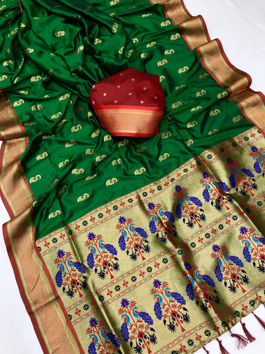 Green color paithani silk saree with blouse online