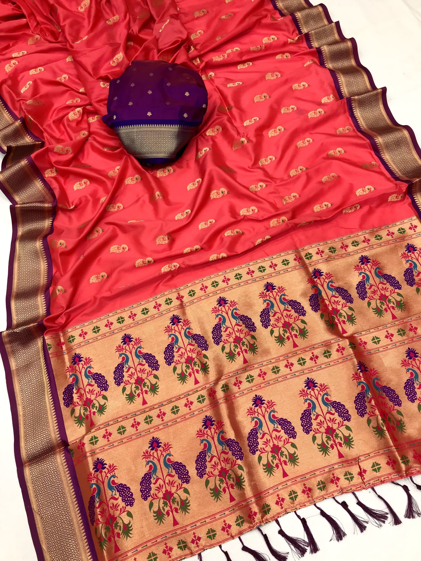 Peach color paithani silk saree with blouse online shopping