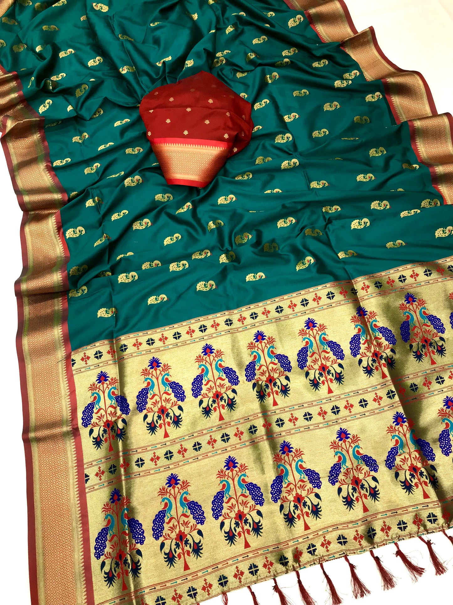 Teal blue color paithani silk saree with blouse price