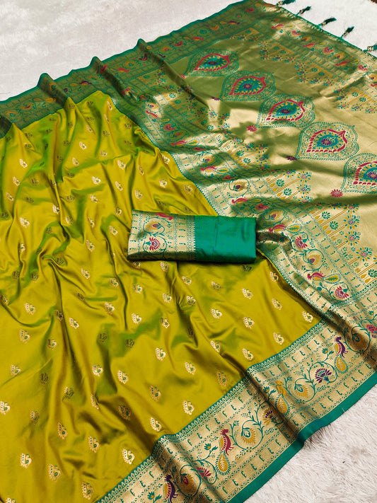 Green color paithani silk saree for women
