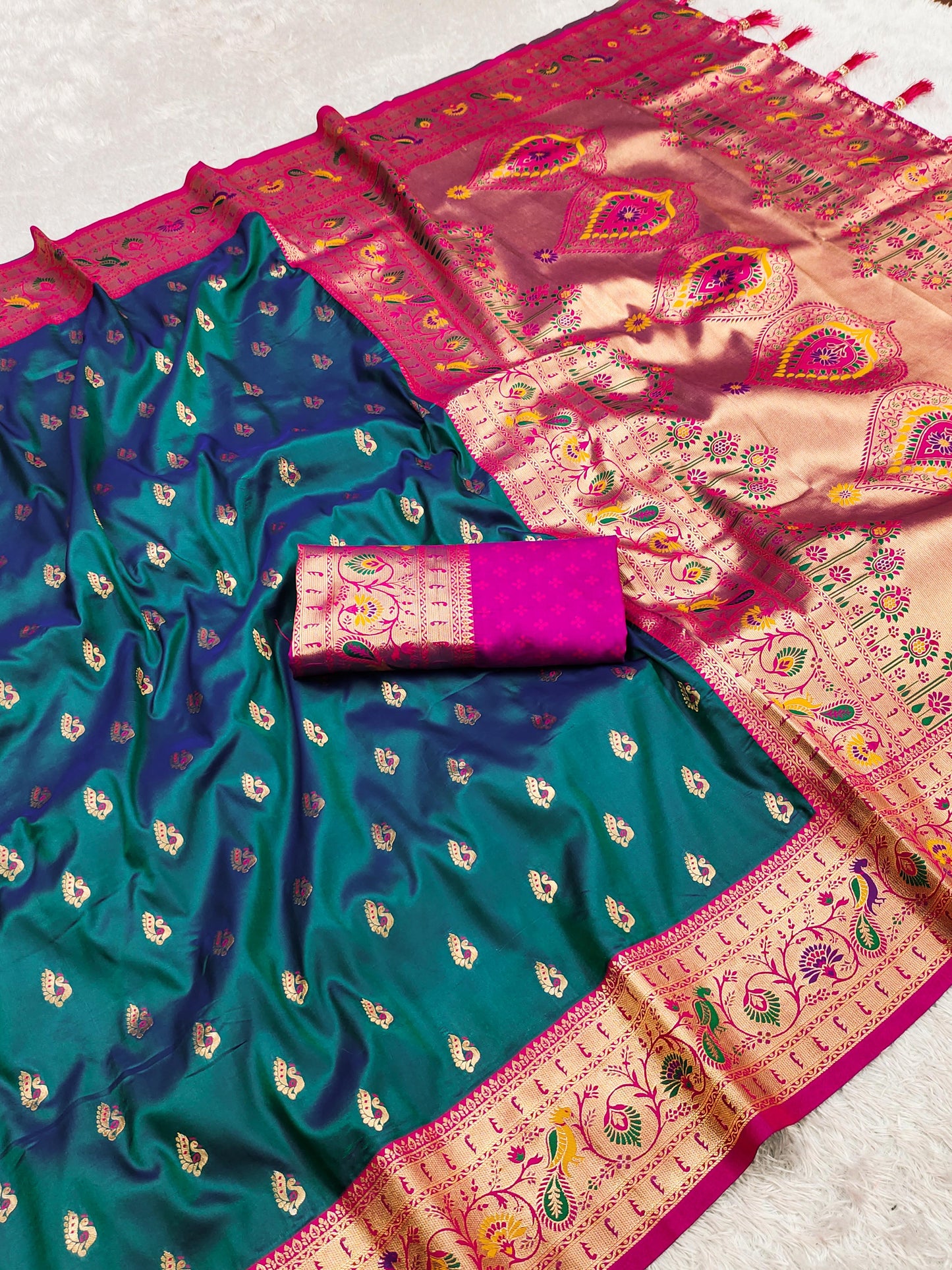 Teal color paithani silk saree with blouse price