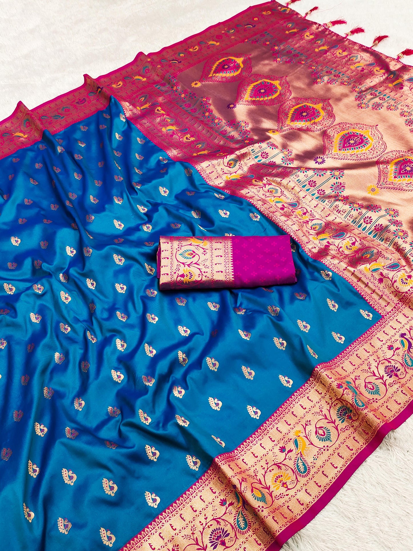 Teal Blue color paithani silk saree with blouse images