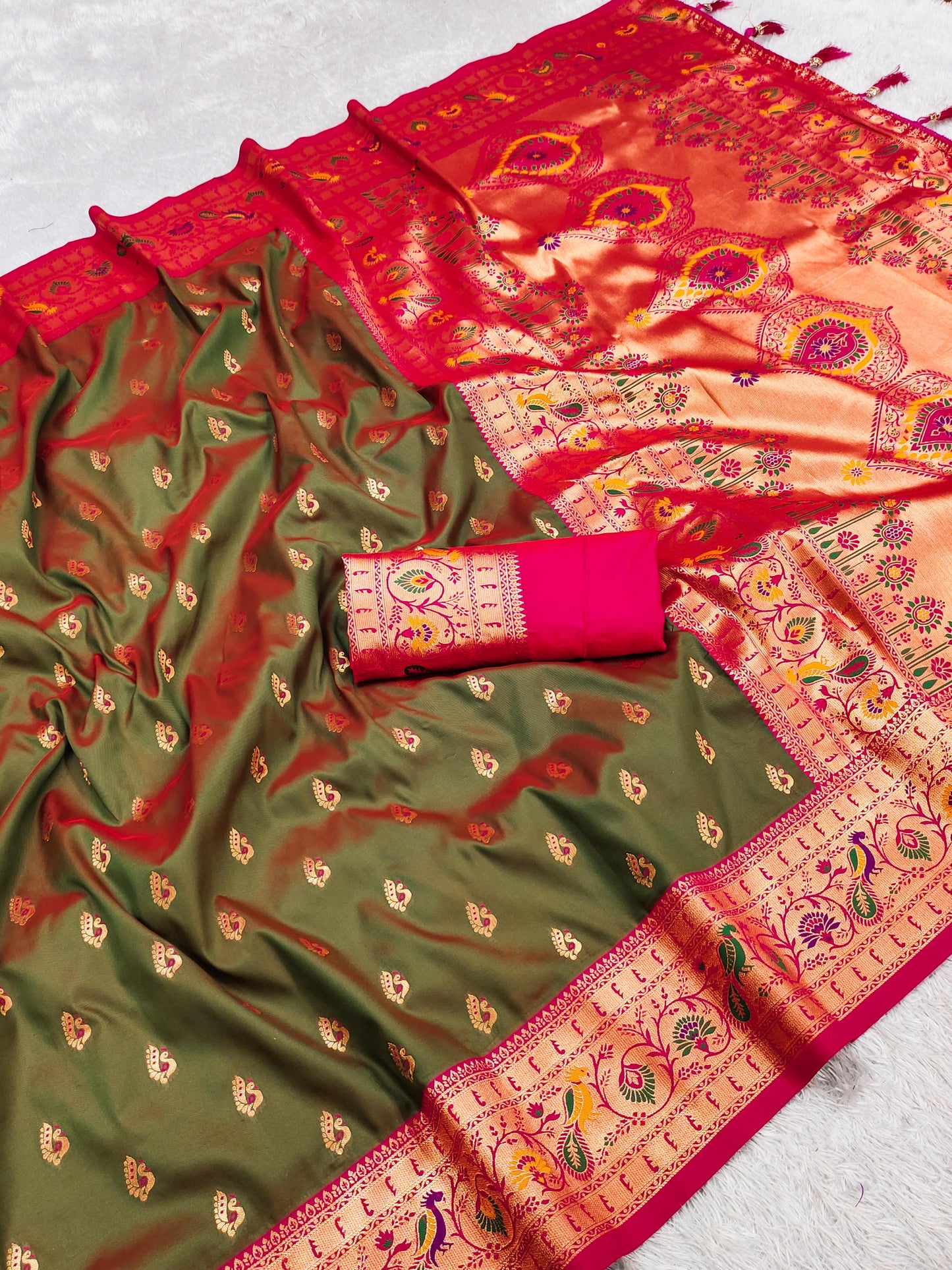 Mehendi color paithani silk saree with blouse design