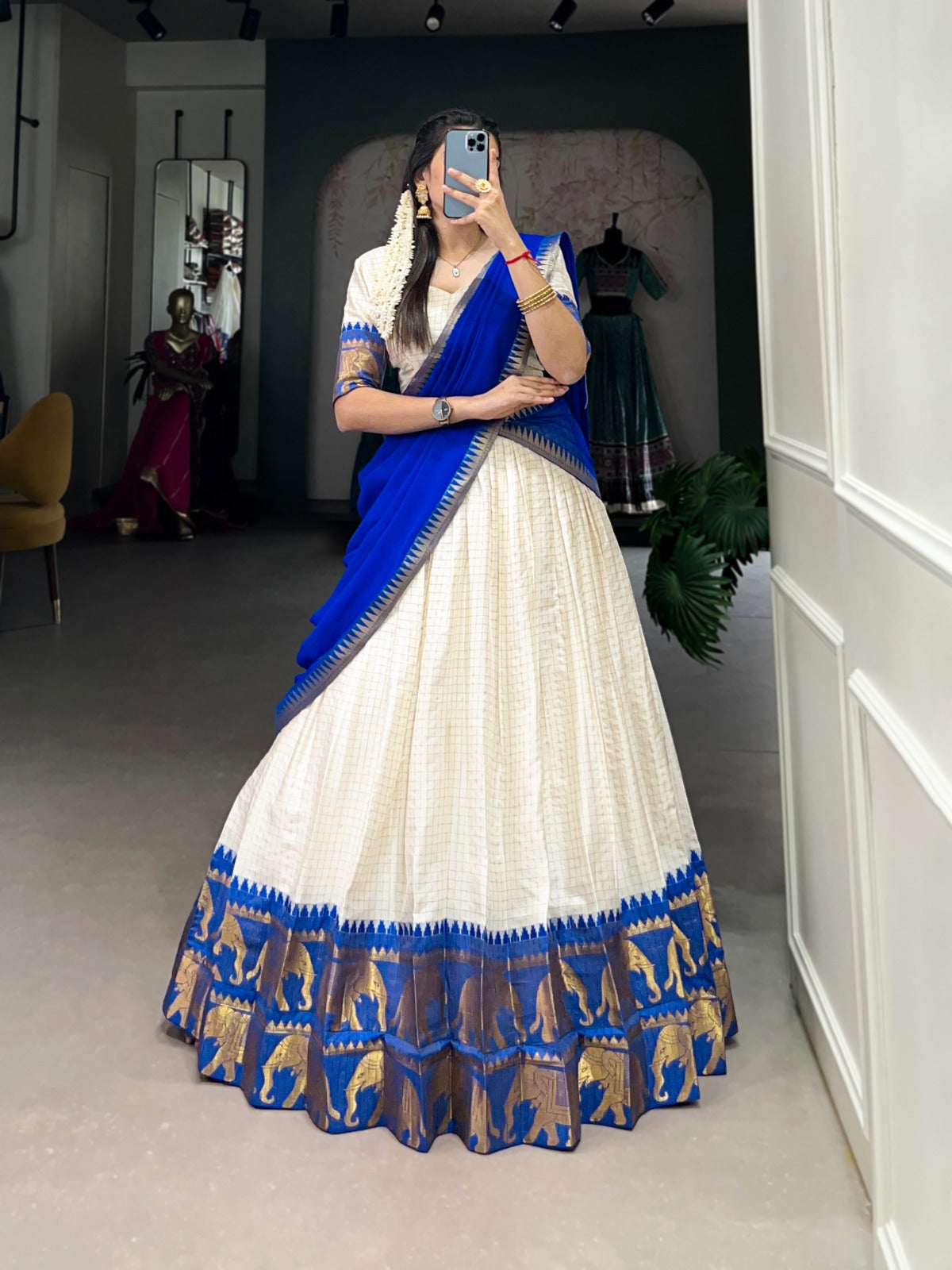 South Indian Blue Color Zari Weaving Lehenga Choli For Wedding South Indian Blue Color Zari Weaving Lehenga Choli For Wedding
