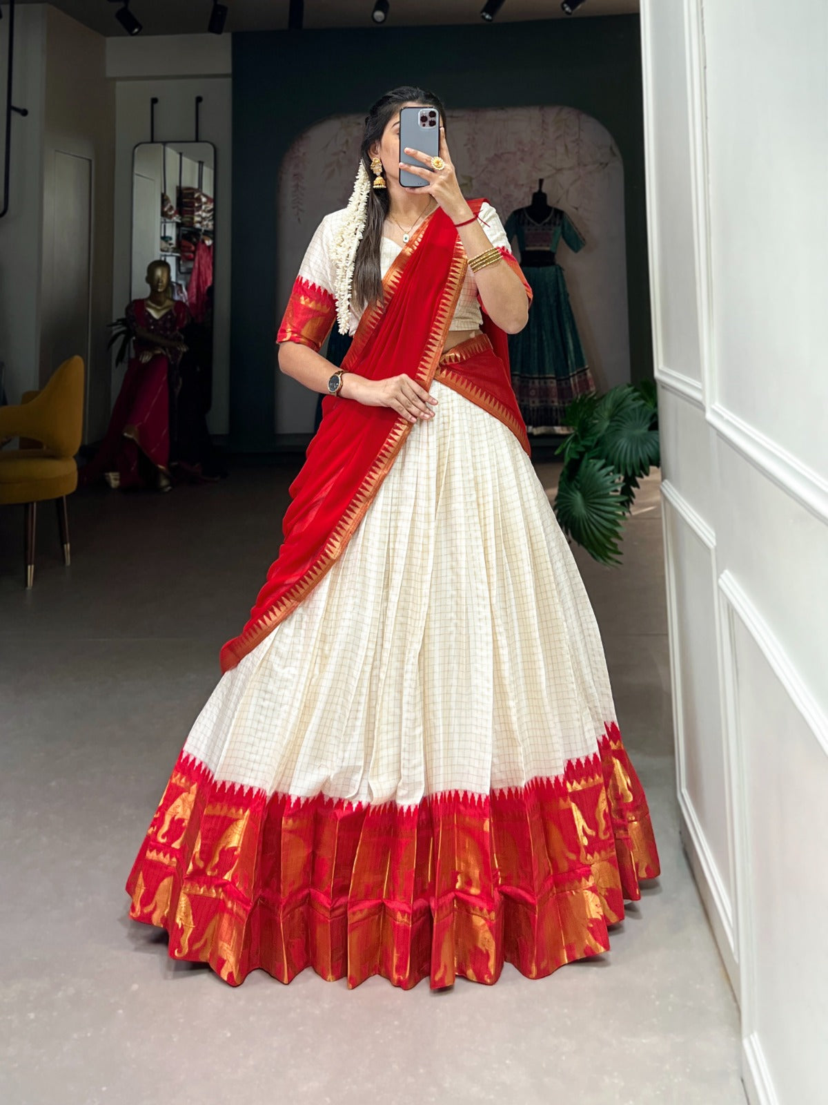 Red color poly cotton lehenga choli with dupatta images