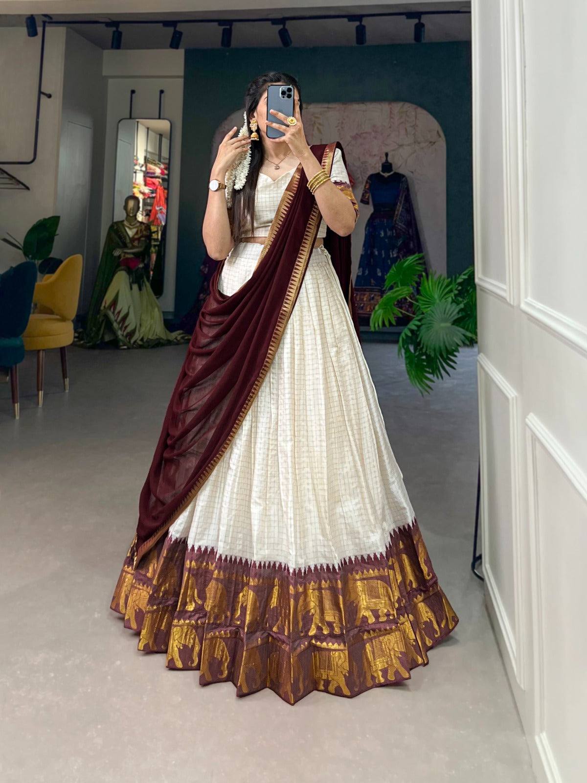 Off white color poly cotton lehenga choli with dupatta price