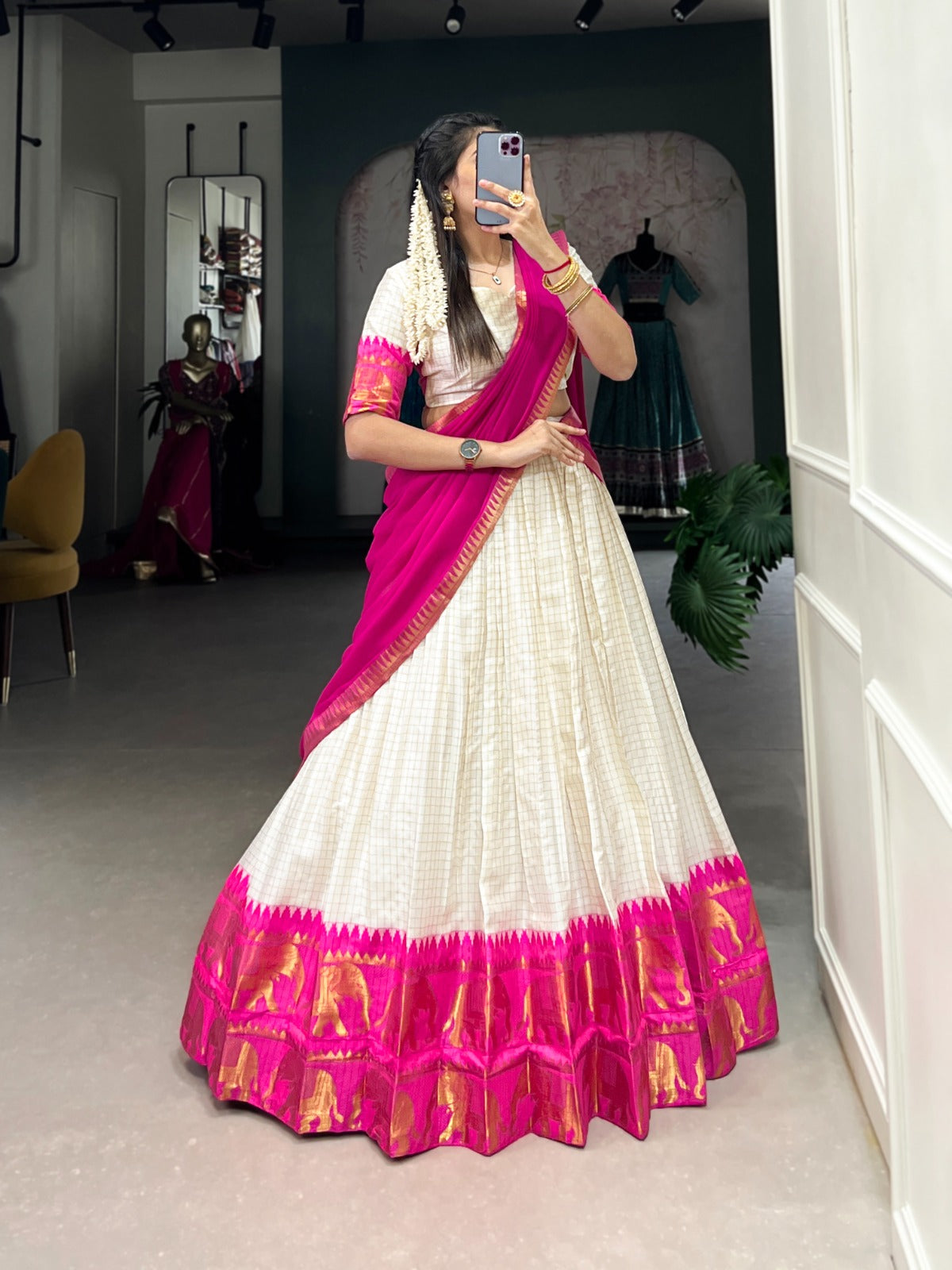 Pink color poly cotton lehenga choli with dupatta