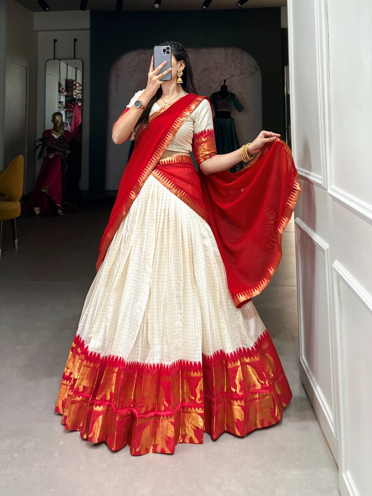 Red color poly cotton lehenga choli with dupatta images