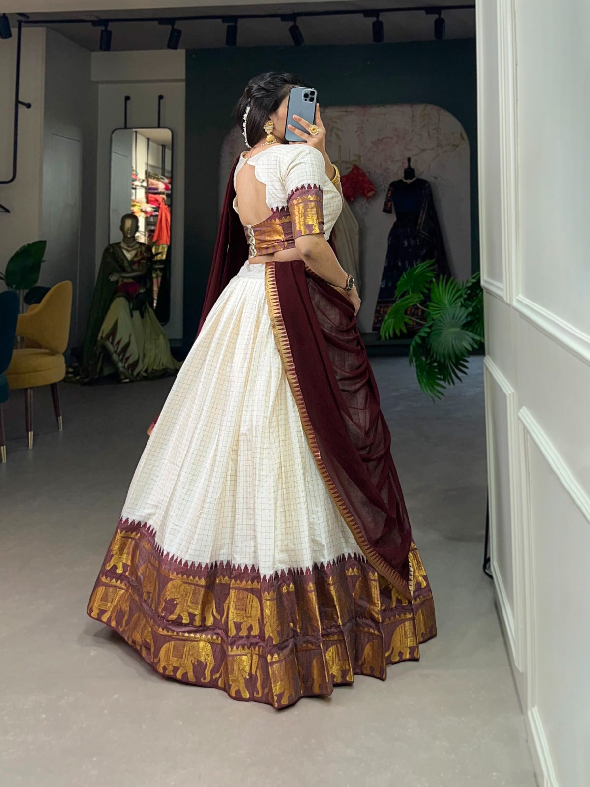 Off white color poly cotton lehenga choli with dupatta online