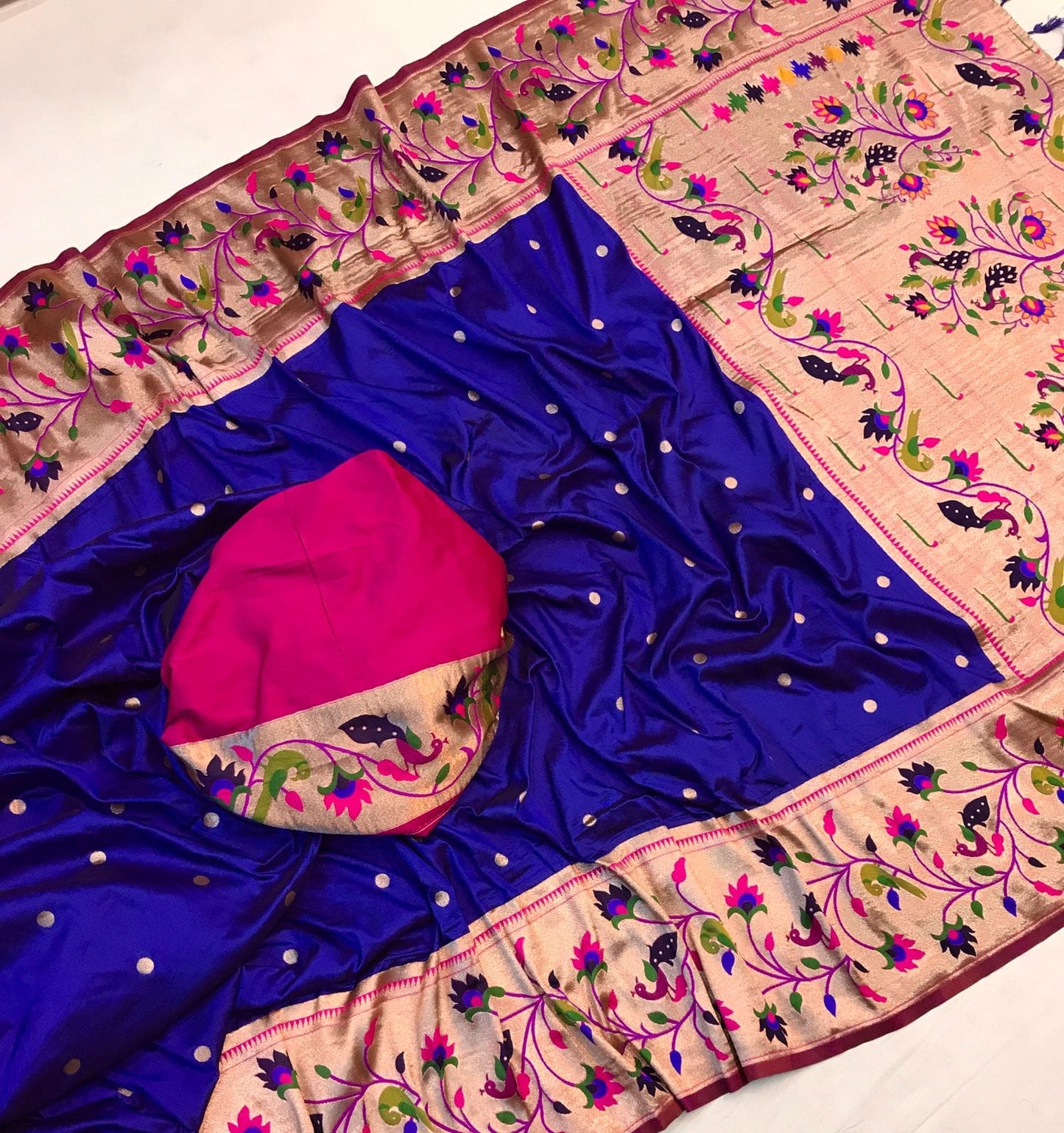 Blue color paithani silk saree with blouse images
