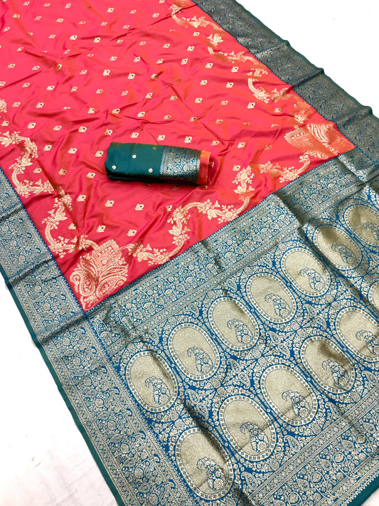 Peach color banarasi silk saree for wedding