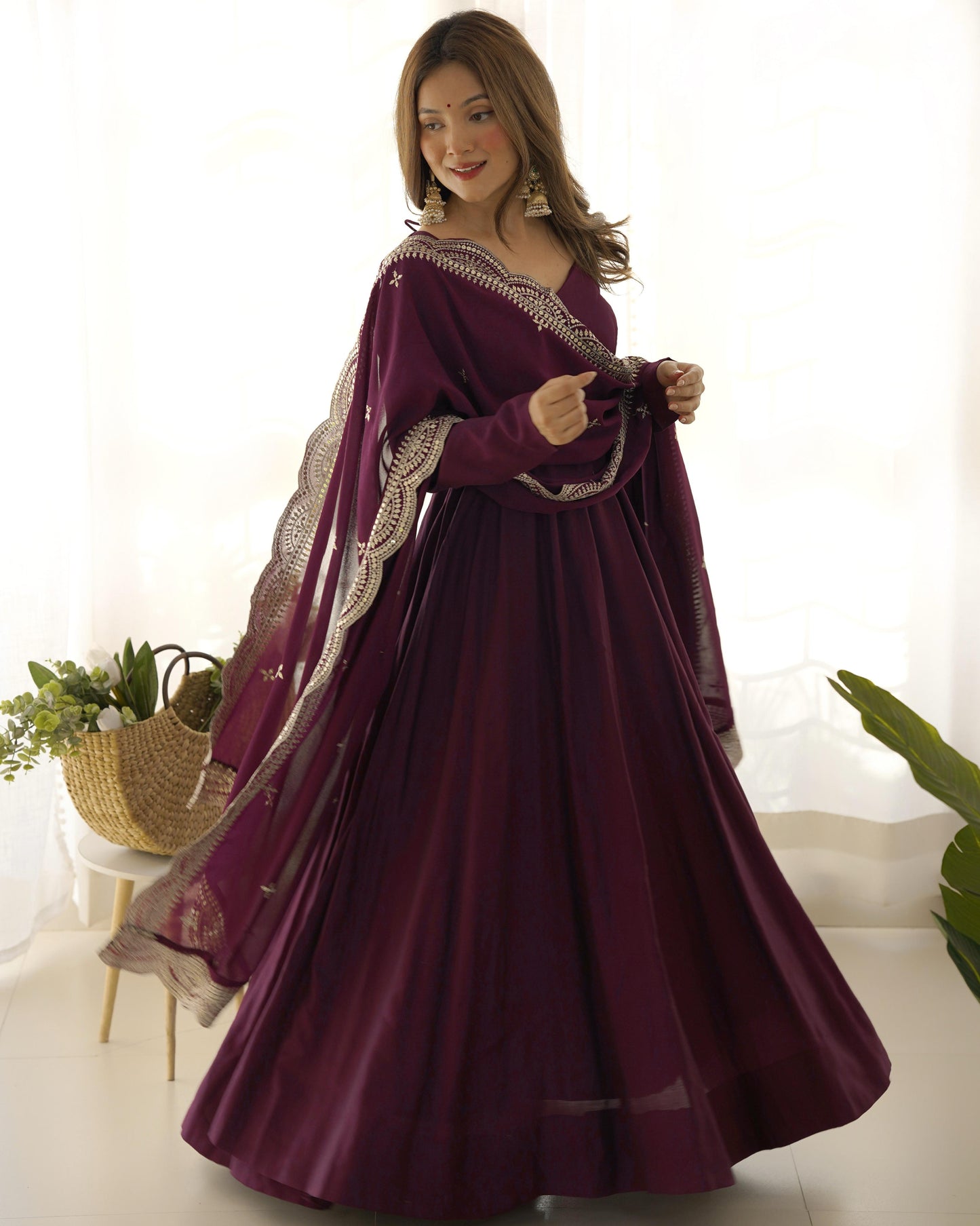 Wine color roman silk chanderi anarkali gown with price