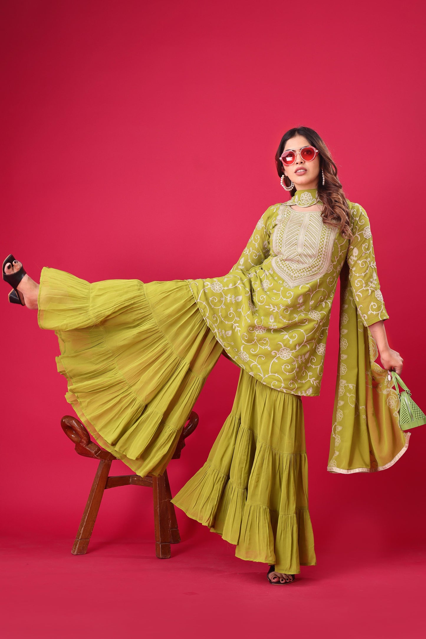 Green color georgette sharara suit with online shopping