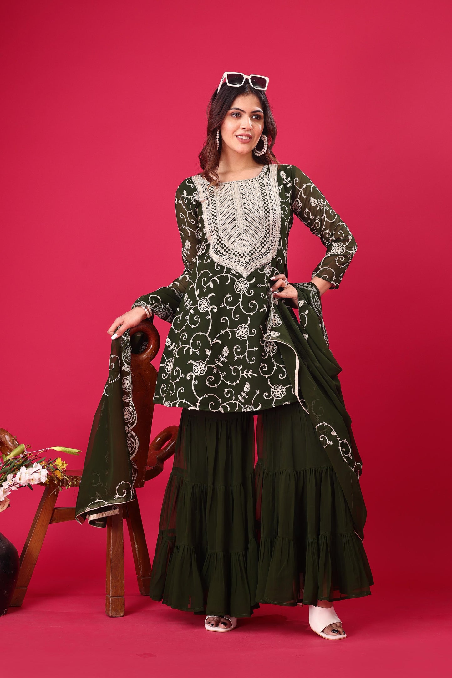 Green color georgette sharara suit with dupatta price