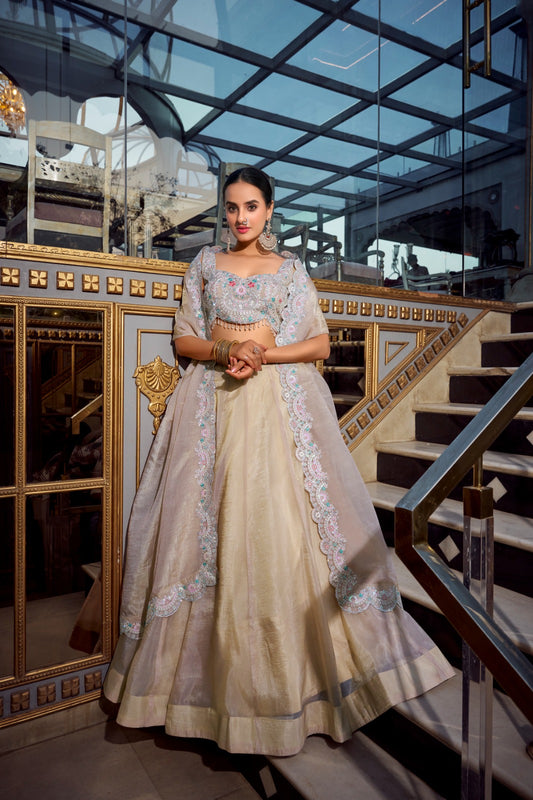 Cream color gold crush lehenga choli for women