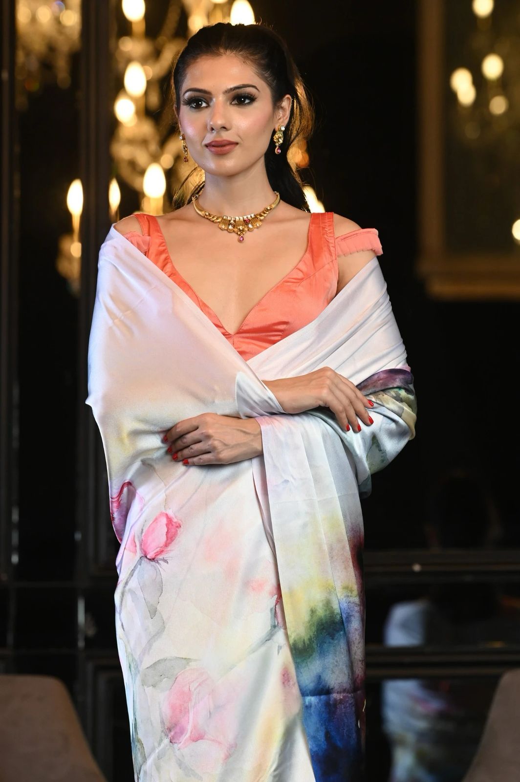 Multi color japan satin saree with blouse price