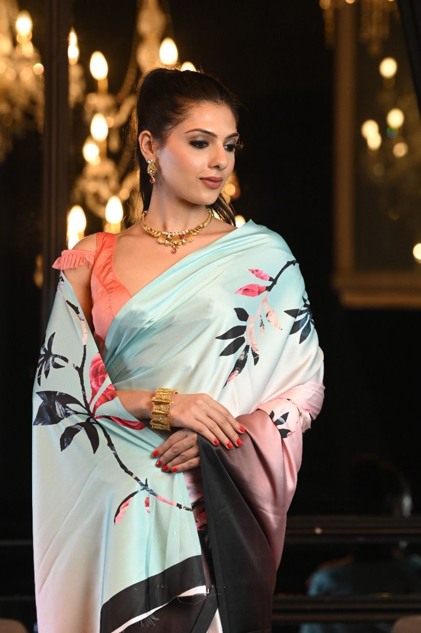 Sky color japan satin saree with blouse design