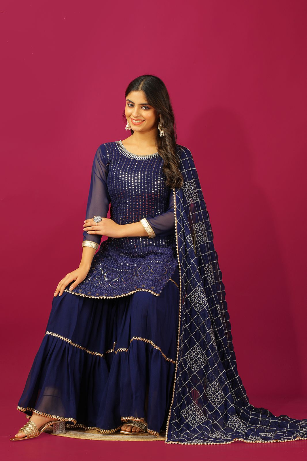 Navy blue color georgette sharara suit with dupatta price
