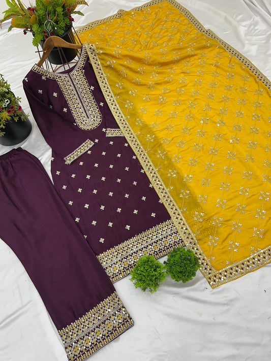 Purple color chinon silk salwar suit for wedding