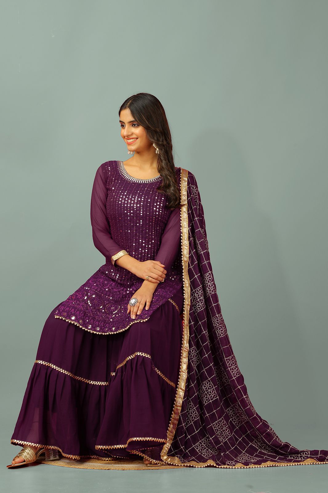 Wine color georgette sharara suit with dupatta price