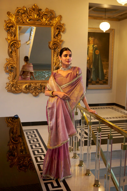 Light pink color tissue shimmer saree for wedding