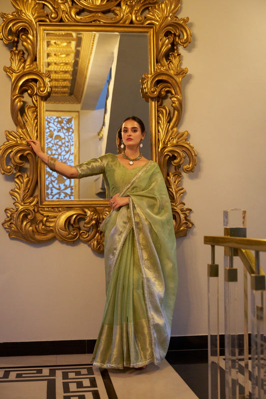 Pista color tissue shimmer saree for women