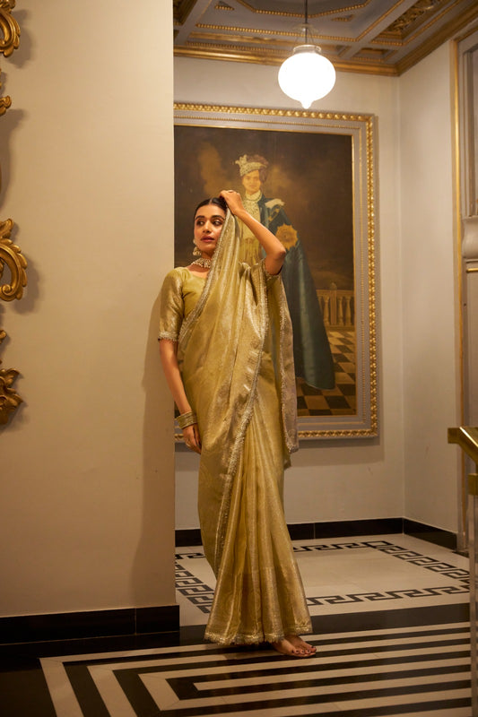 Golden color tissue shimmer saree online shopping price