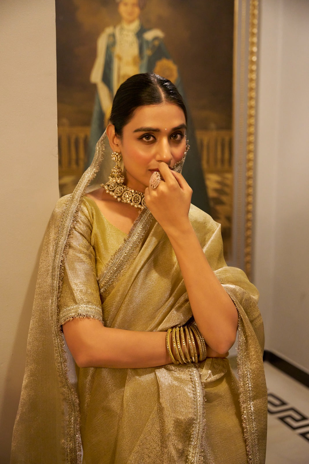 Golden color tissue shimmer saree images