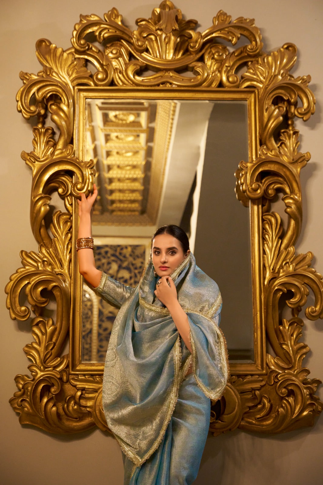 Sky color tissue shimmer saree with blouse online