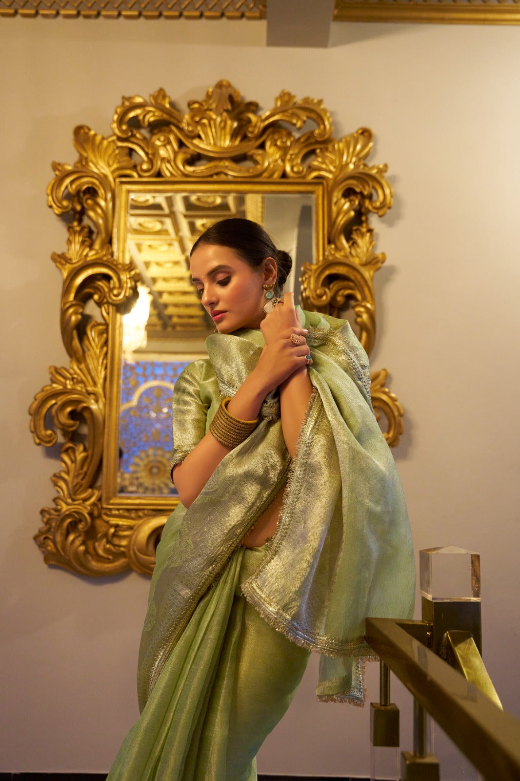 Pista color tissue shimmer saree for party