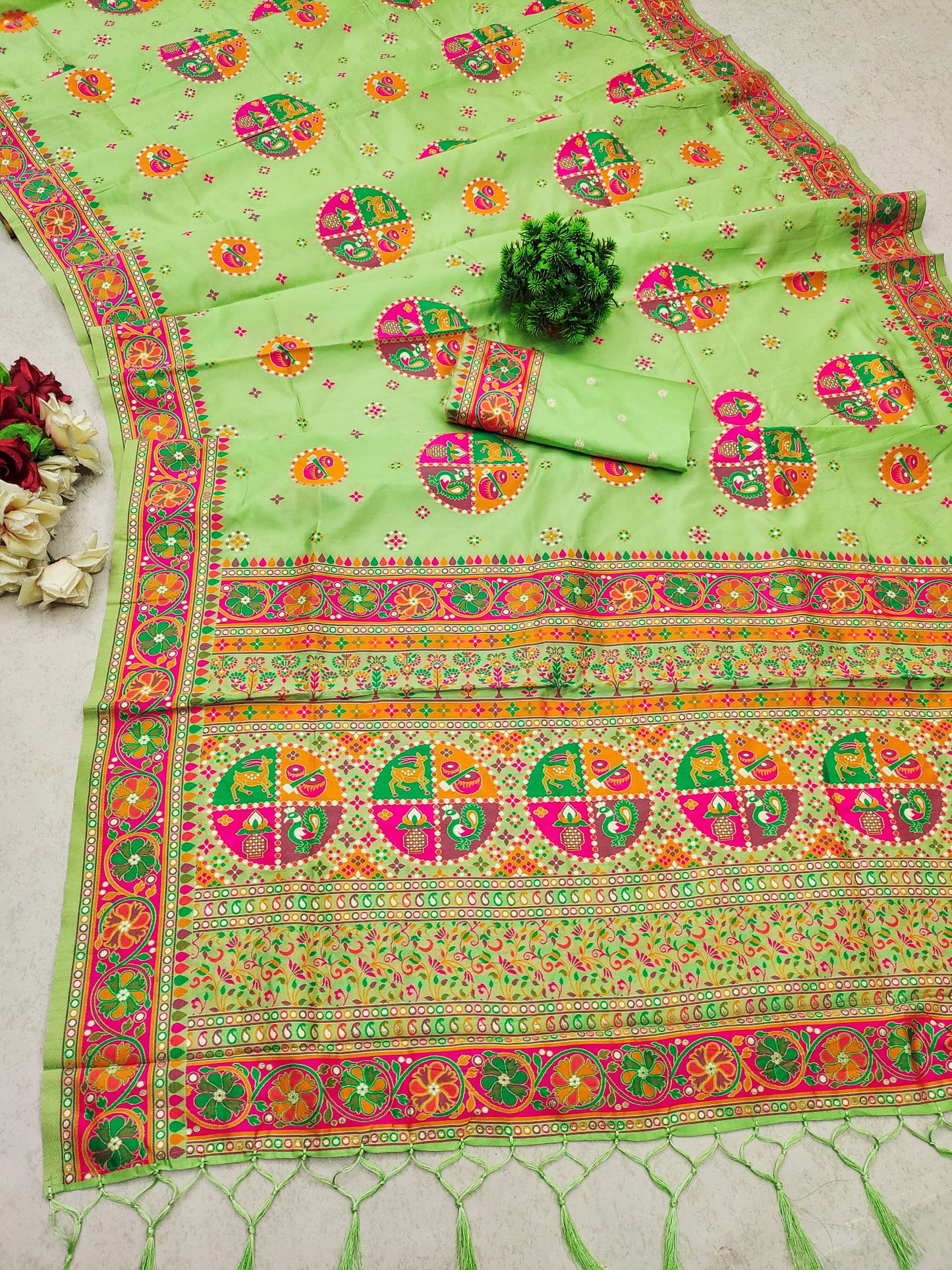 green color pashmina silk saree for women