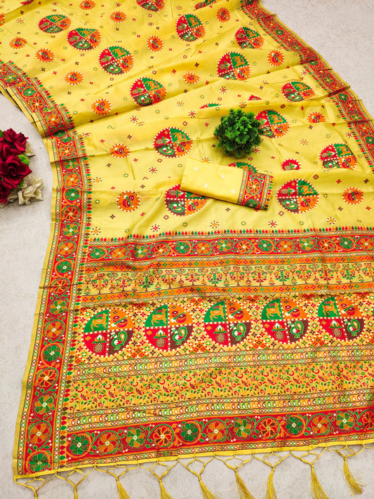 Yellow color pashmina silk saree with blouse online