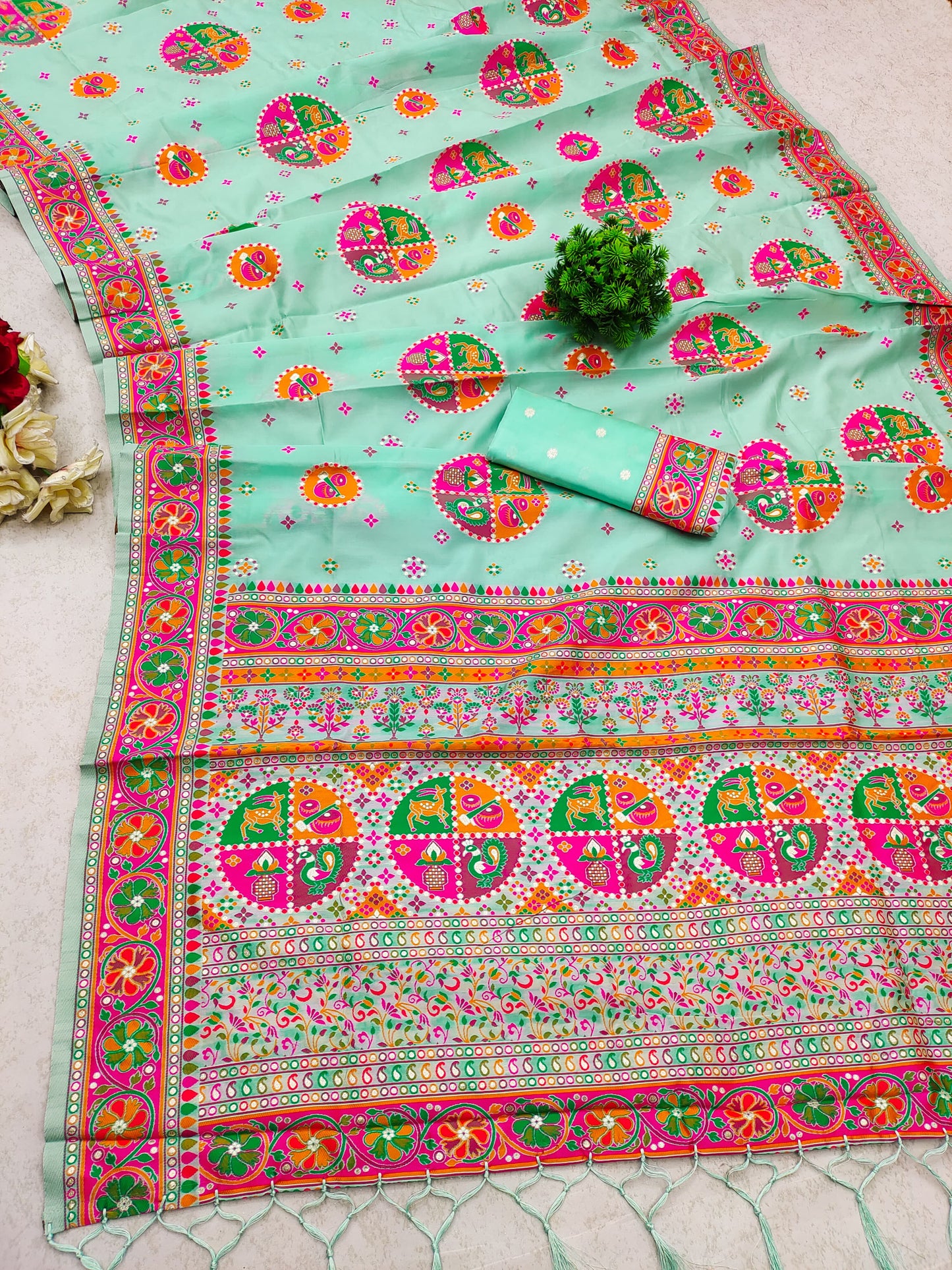 Sky color pashmina silk saree with blouse price