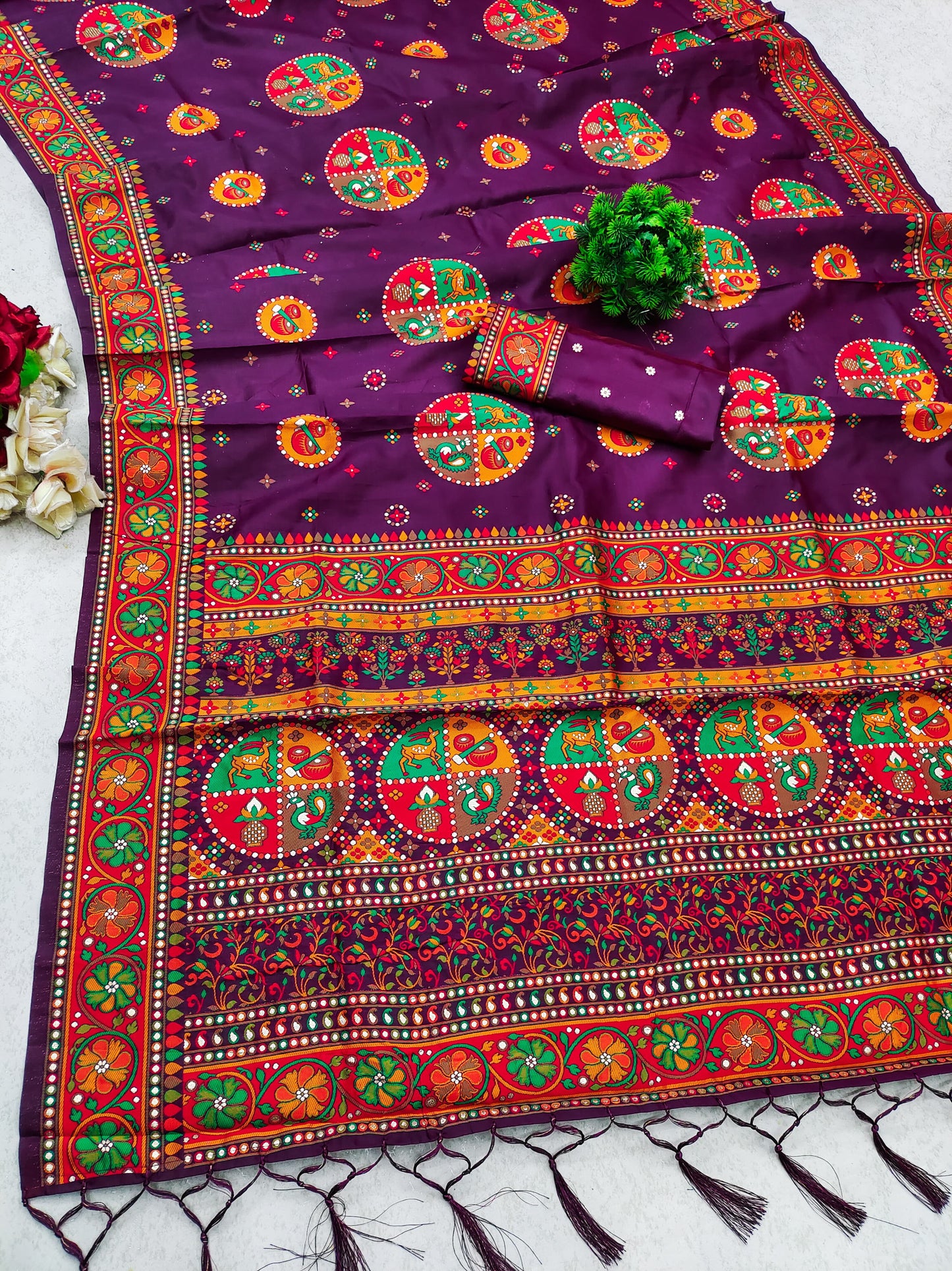 Wine color pashmina silk saree with blouse images