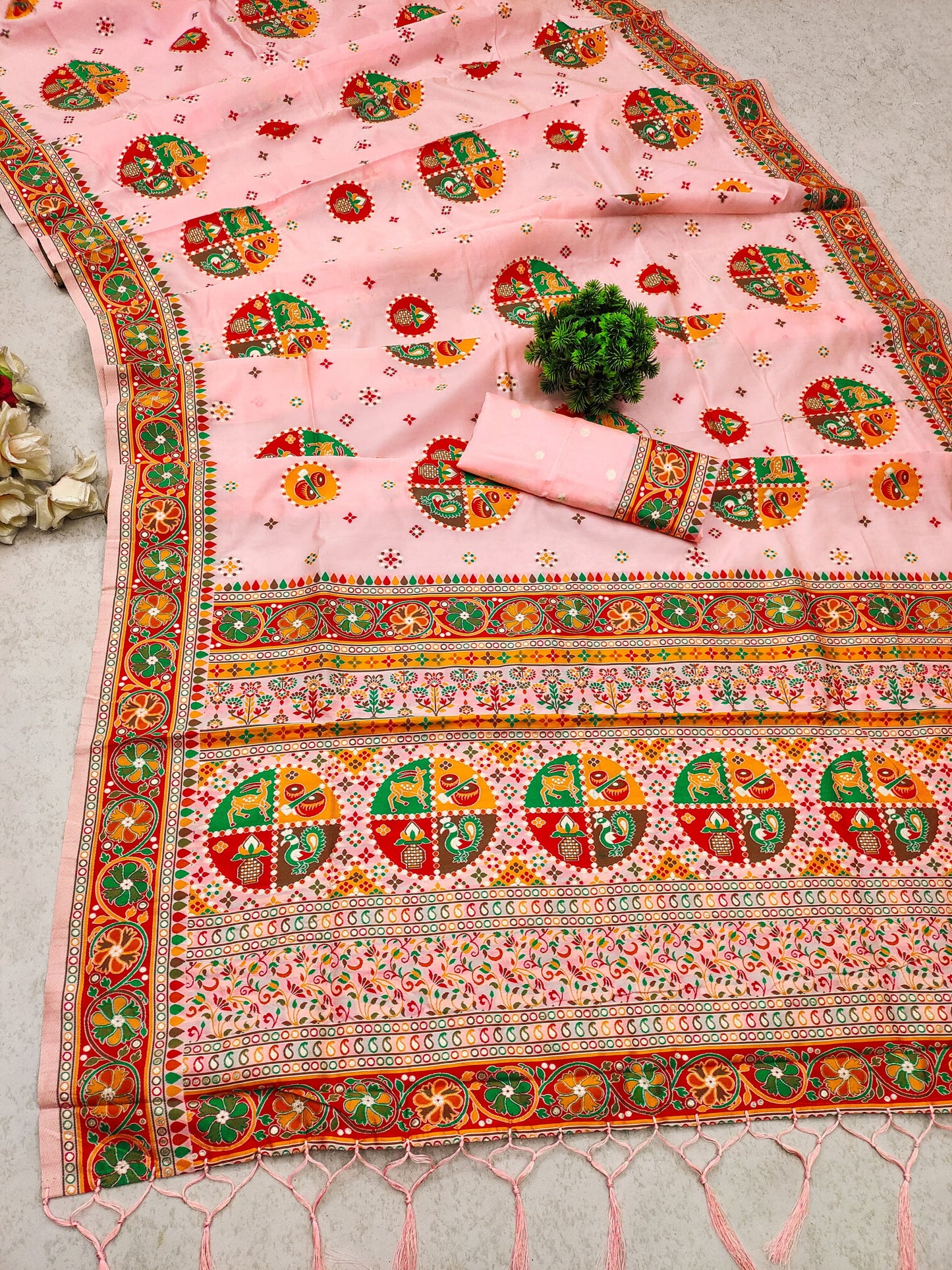 Peach color pashmina silk saree with blouse online shopping