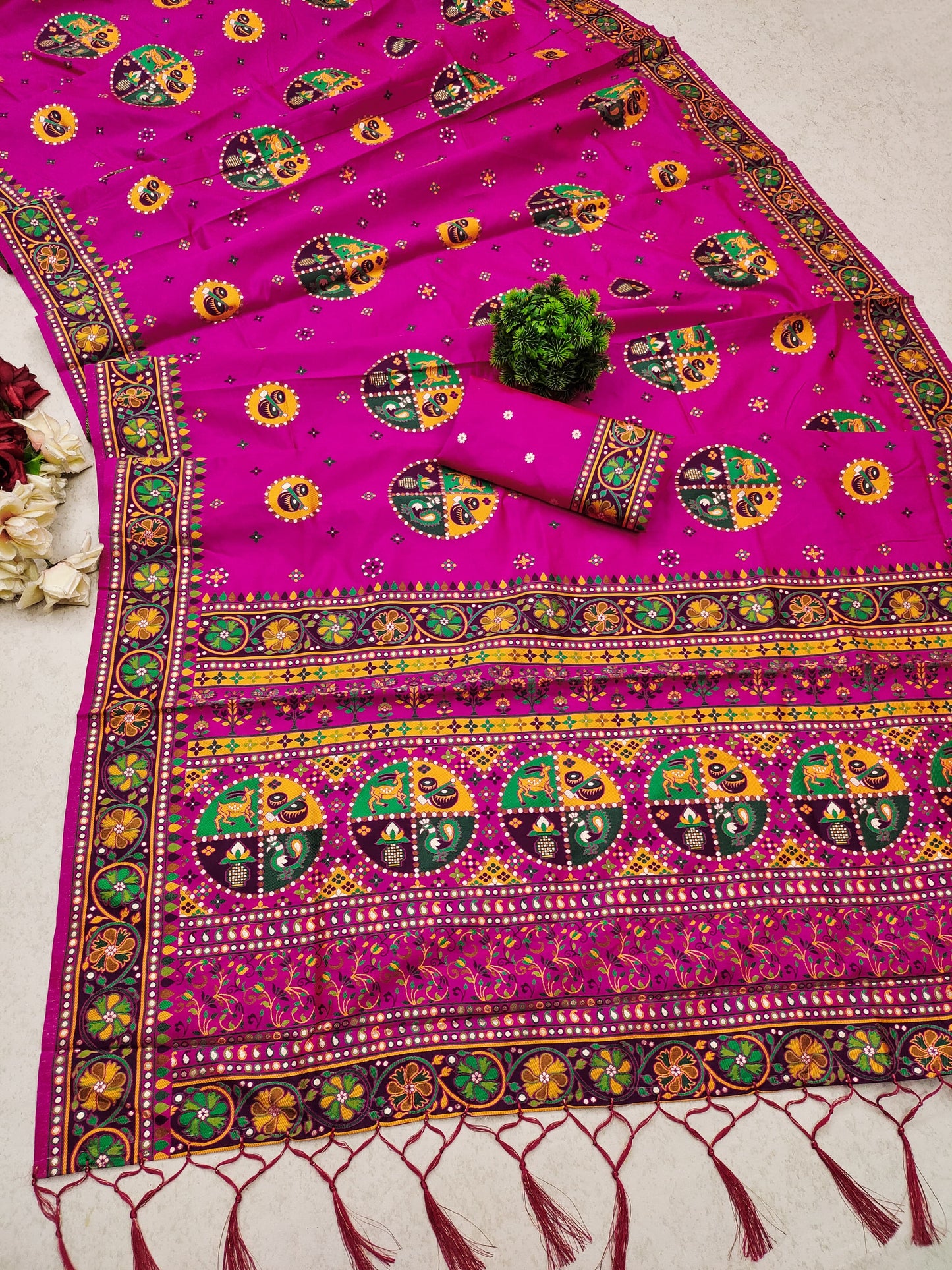 Pink color pashmina silk saree with blouse online shopping
