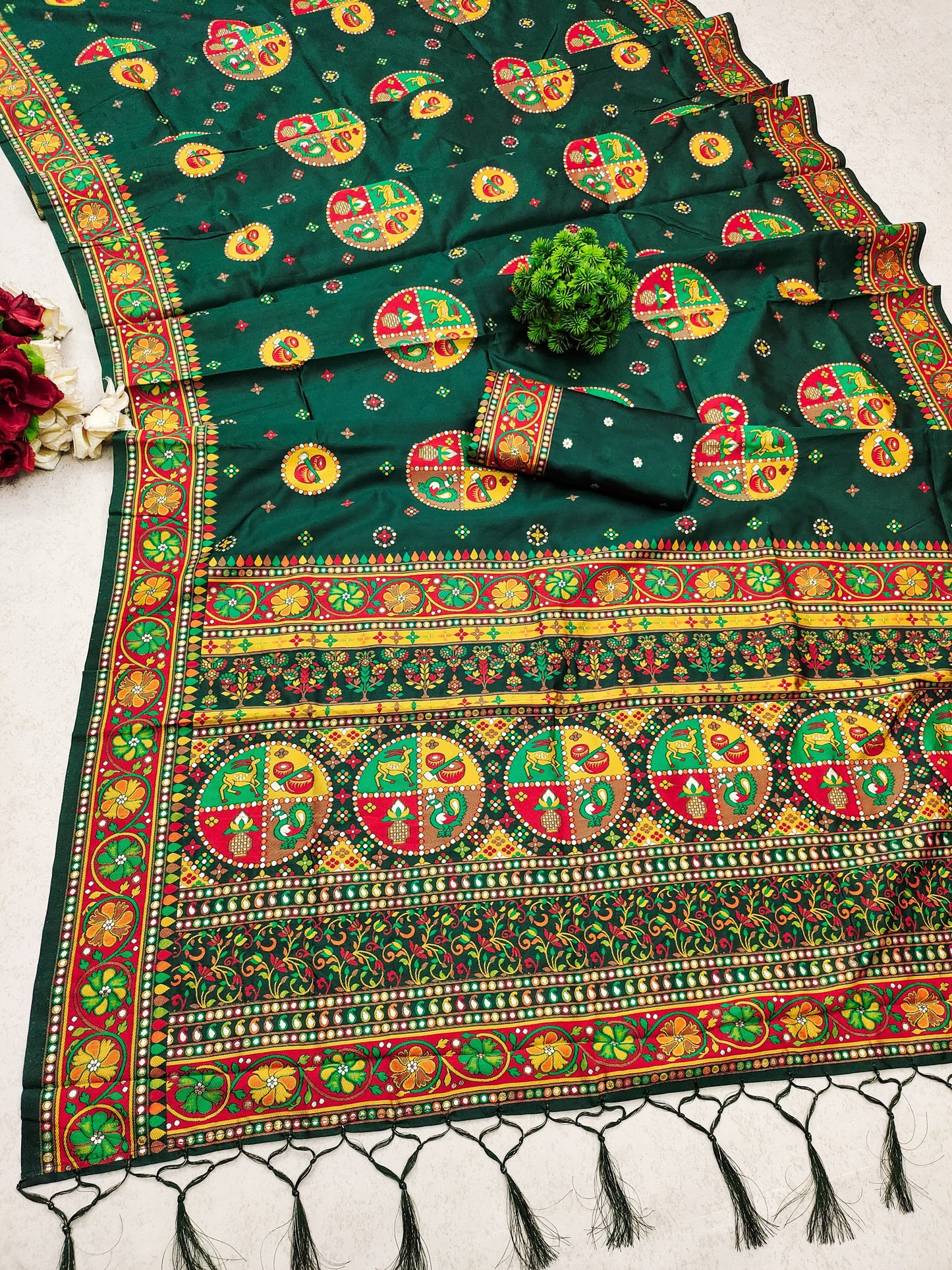 Green color pashmina silk saree with blouse price