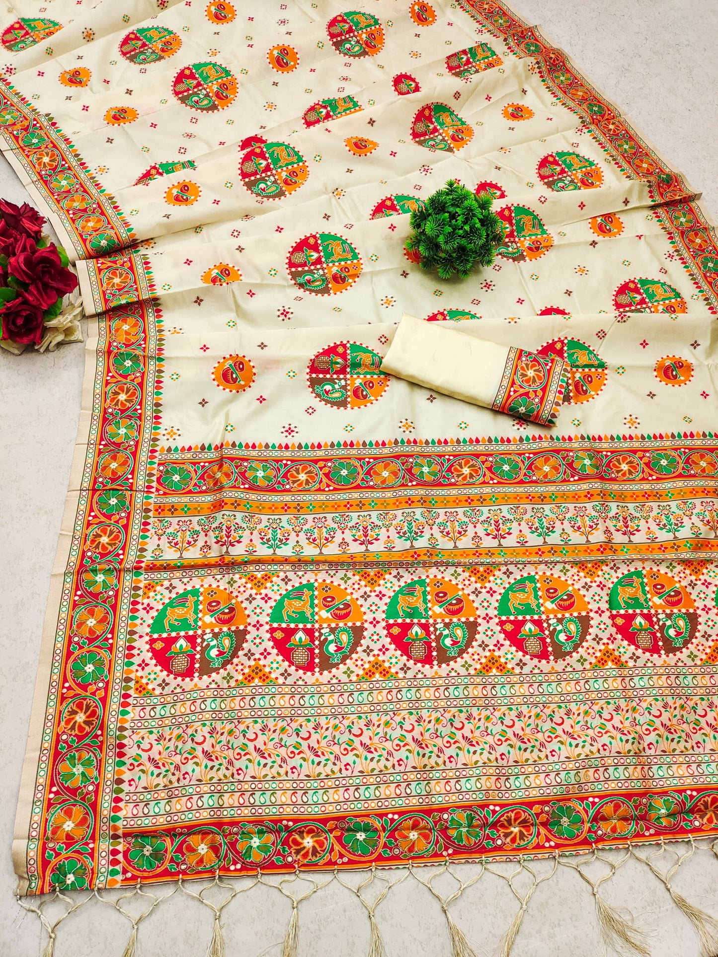 Off White color pashmina silk saree with blouse design