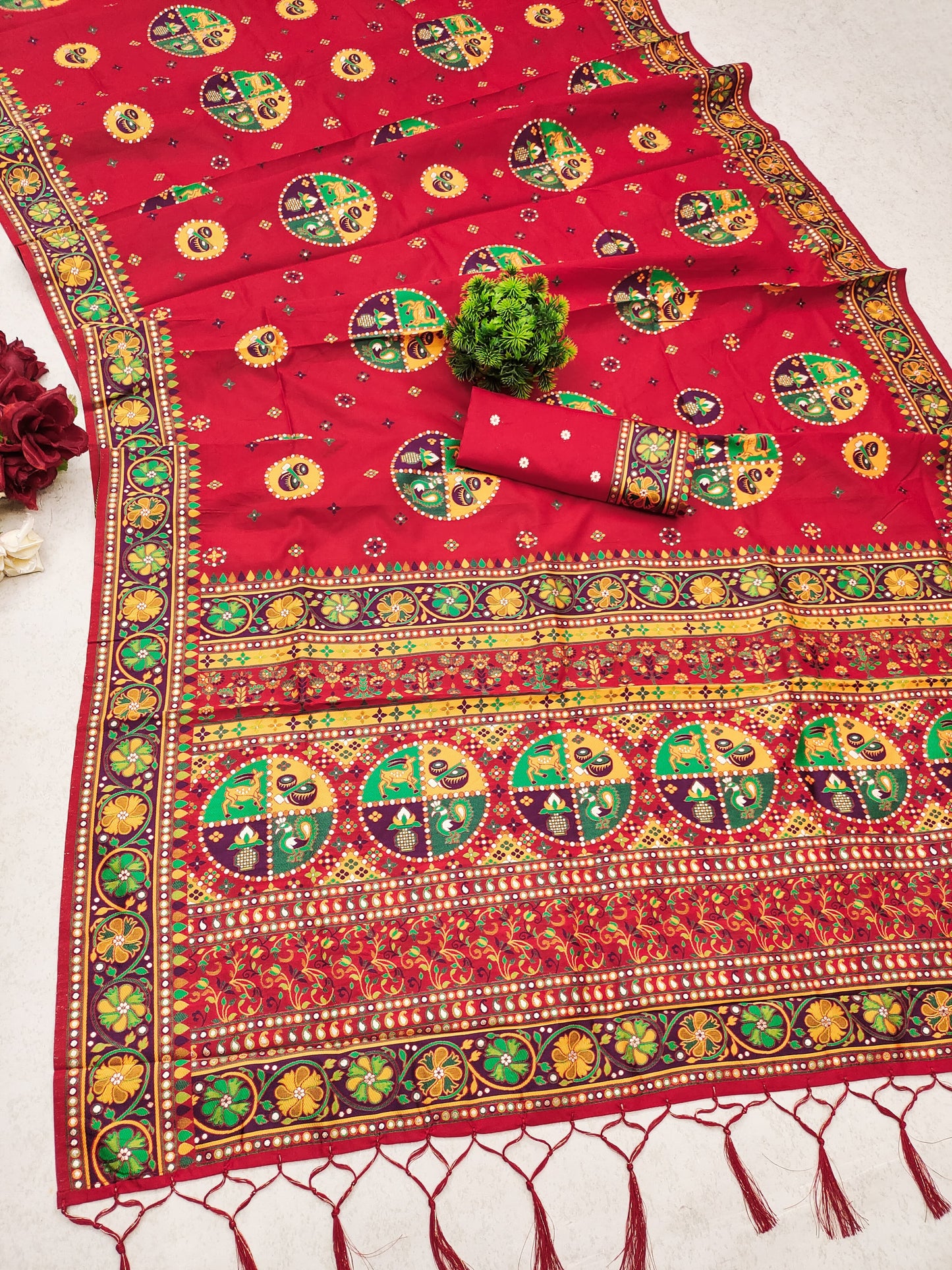 Red color pashmina silk saree for wedding