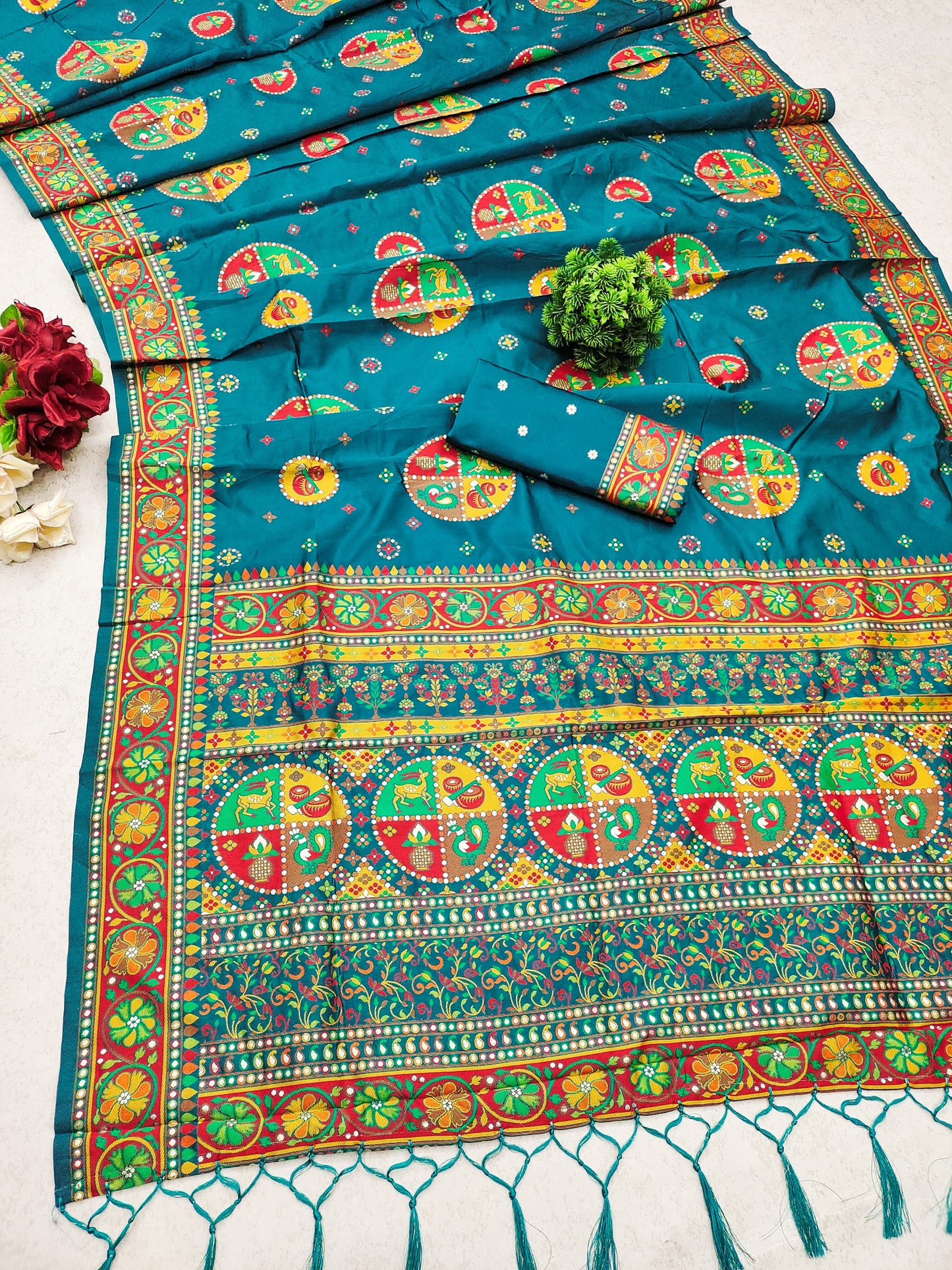 Rama color pashmina silk saree with blouse