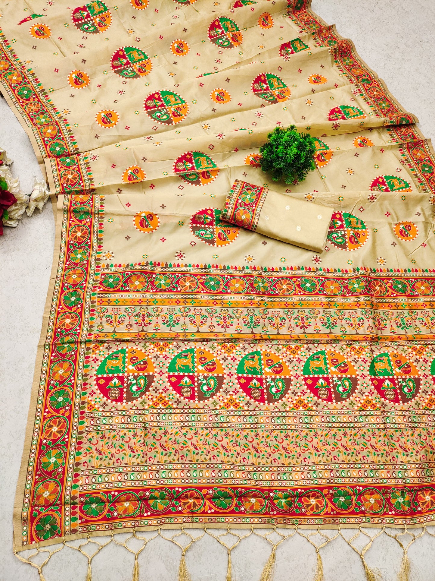 Beige color pashmina silk saree with blouse for party