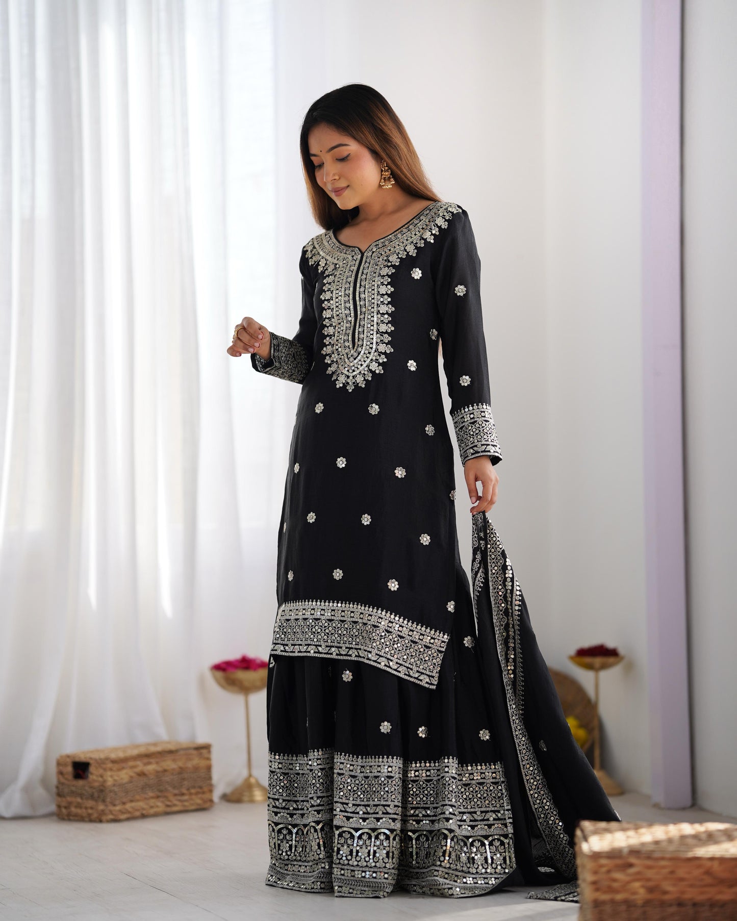 Black color chinon silk sharara suit price