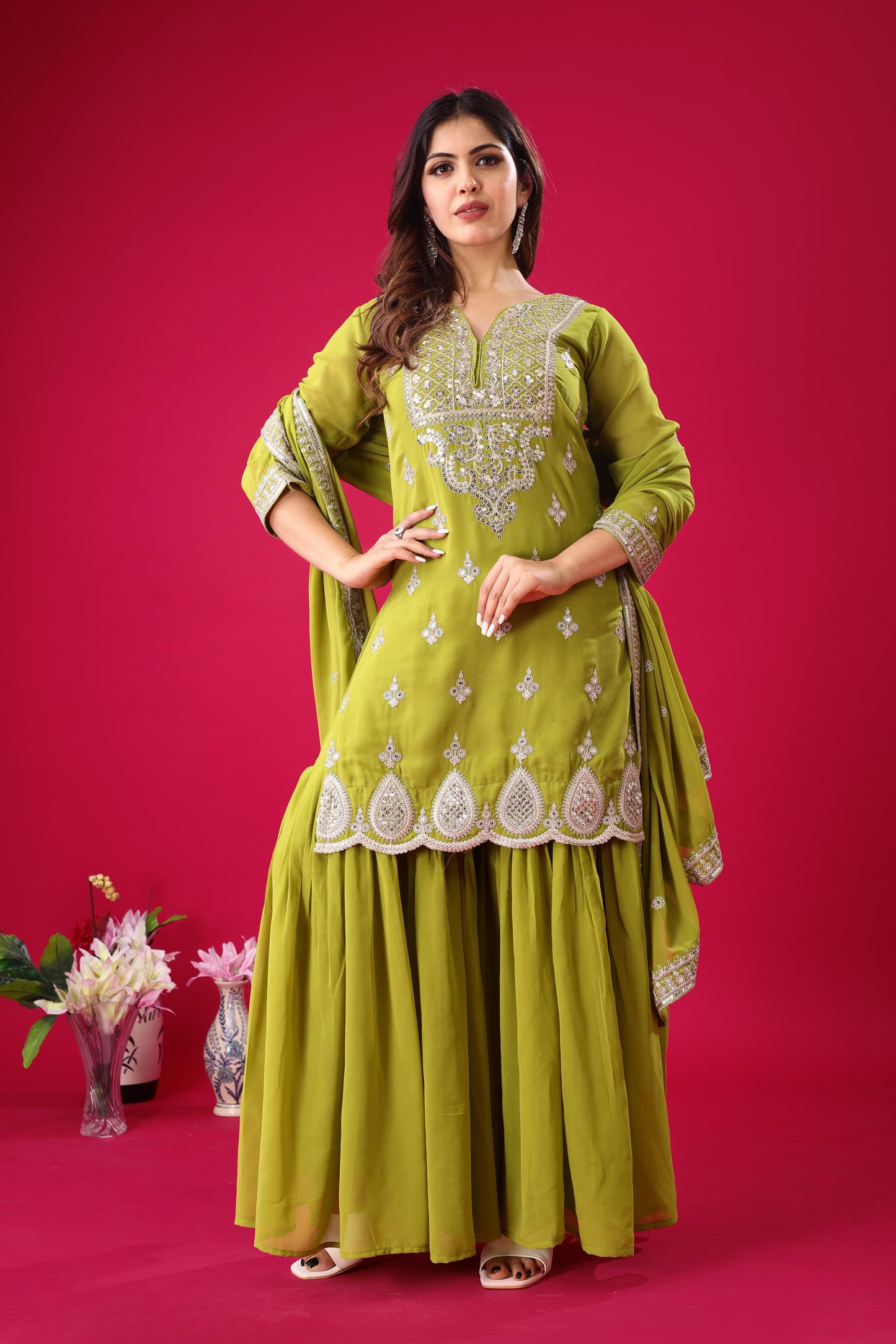 Parrot green color georgette sharara suit for wedding