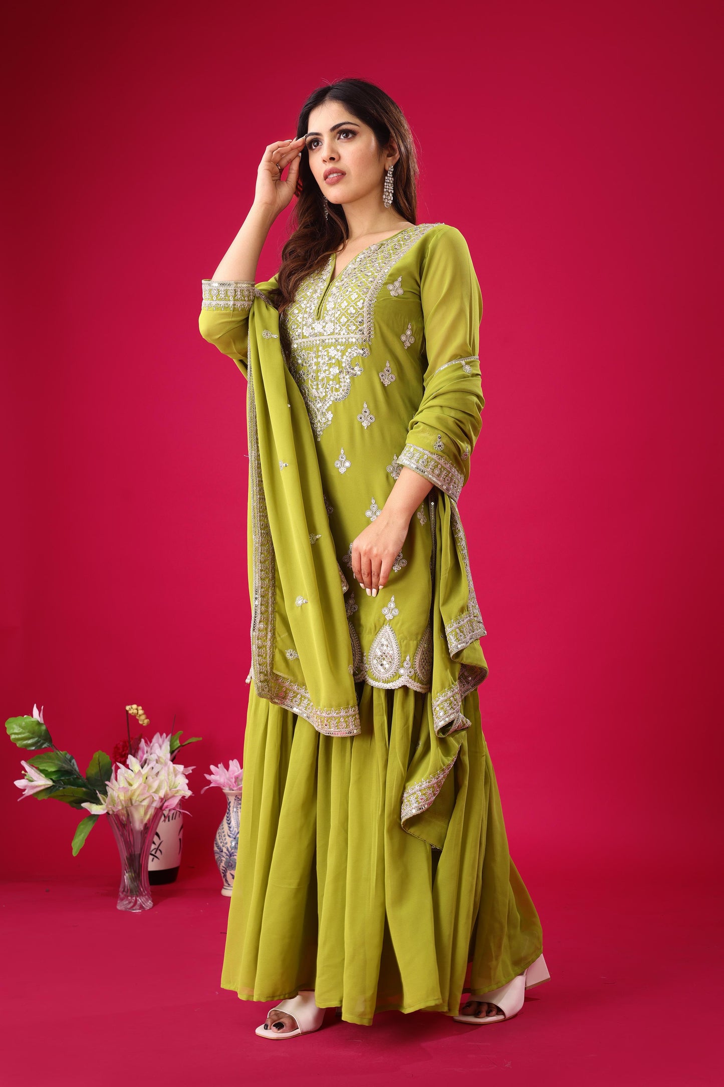 Parrot green color georgette sharara suit with dupatta