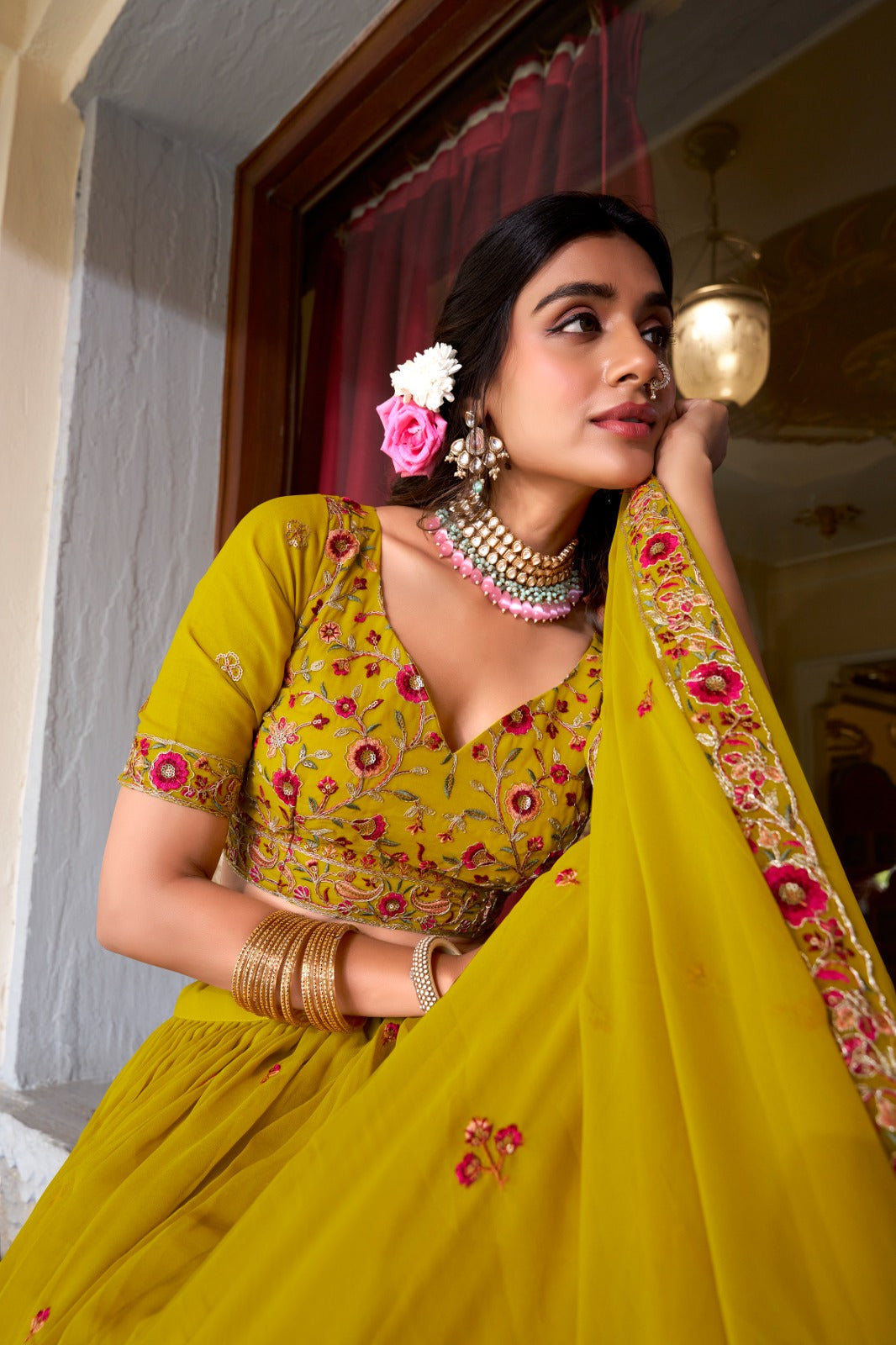 Mustard color georgette lehenga choli price uk