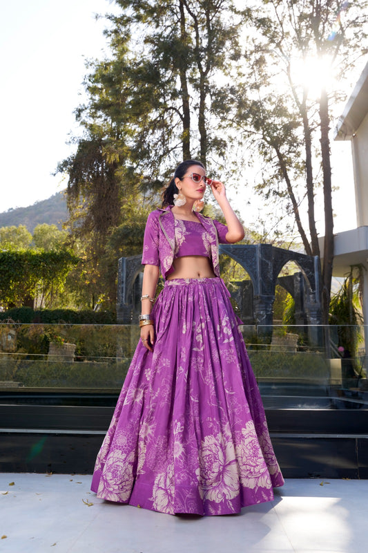 Purple color tussar silk lehenga choli with koti images